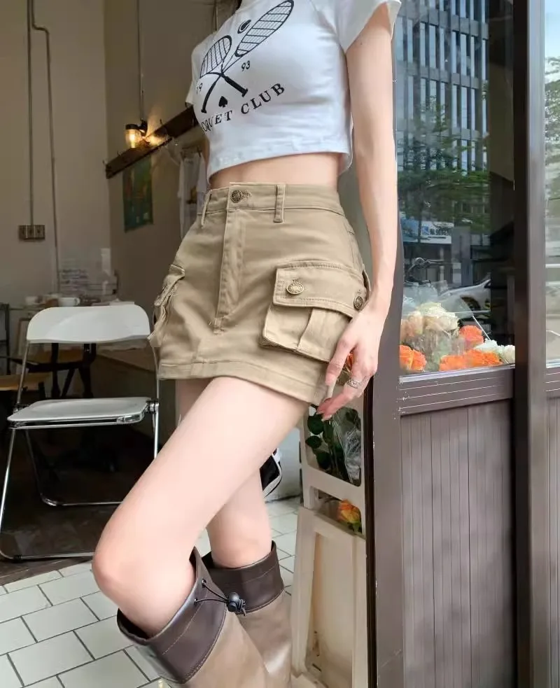 Cowboy-Midirock mit hoher Taille und amerikanischem Khaki-Farbton, kurzer Sommerrock im „Spicy Girl“-Stil, figurbetonter Rock für den Arbeitsalltag. – Detail 9