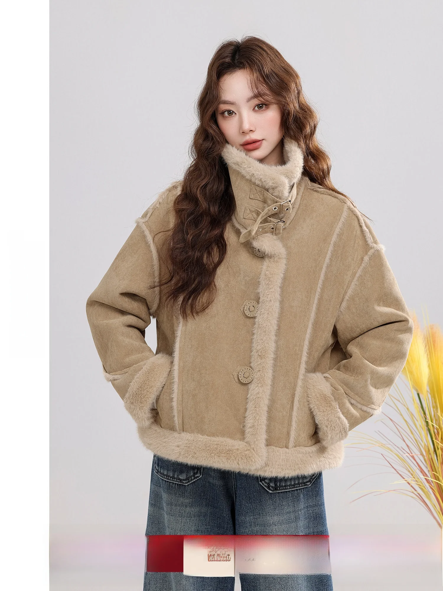 

Retro Sle Women's Suede Fur Jaet Stand Collar Inteated Outerwear Coat Long Sve Warmth Daily Wear New Arrival 2025 Wi...