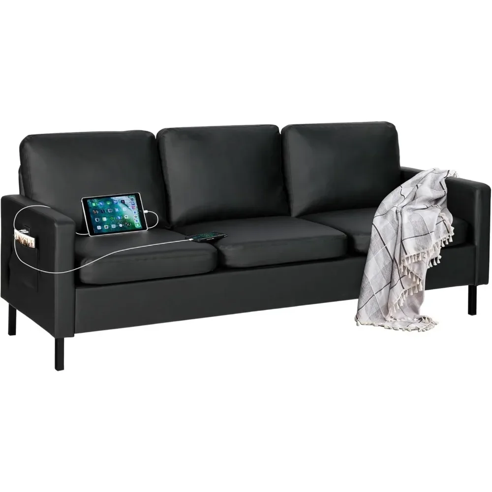 

Faux Leather Black Sofa 2-3 Seat Couch, Modern Comfy Couch , Small Couches for Living Room Apartment Bedroom Small Spaces