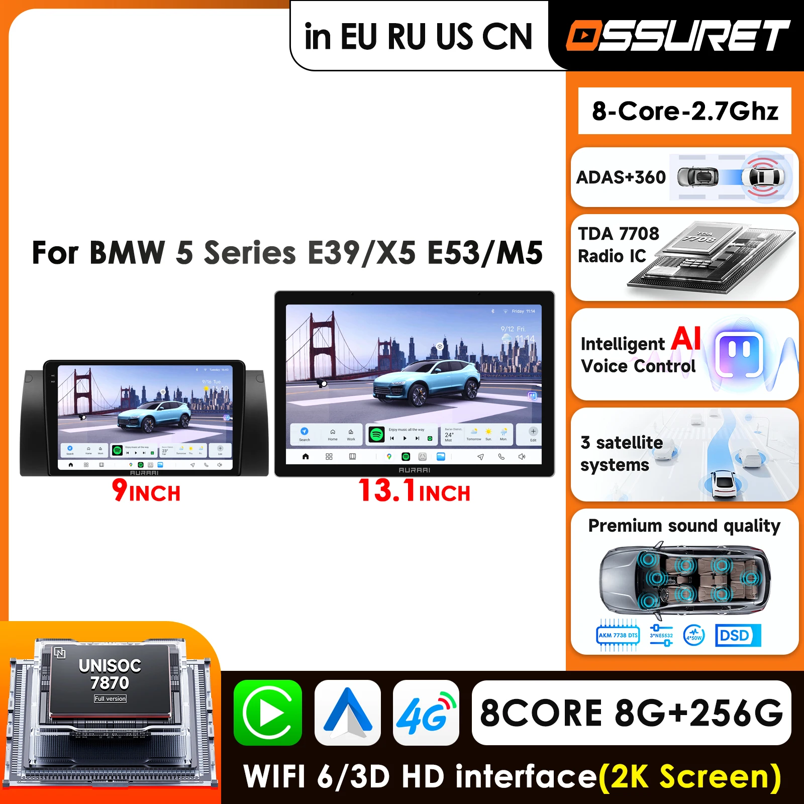 

13.1 inch 2K 3D Screen BMW 5 Series E39 1996 - 2003 M5 for BMW X5 E53 2002 - 2007 Carplay Android Auto AI Voice Smart Autoradio