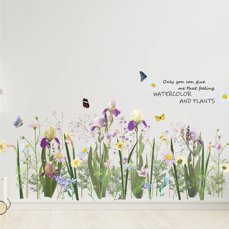 Blooming Calamus Flower Butterfly Wall Stickers For Baseboard Decor Plant Mural Art Diy Home Decal Pastoral Pvc Poster