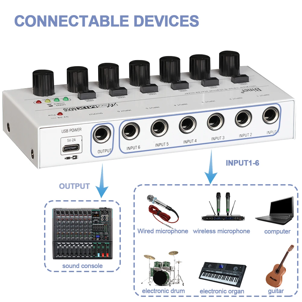 Biner MX6 Professional Ultra-compact Low Noise 6 Channels Stereo Mixer With Line Audio Mono Mixer Sound Mixer