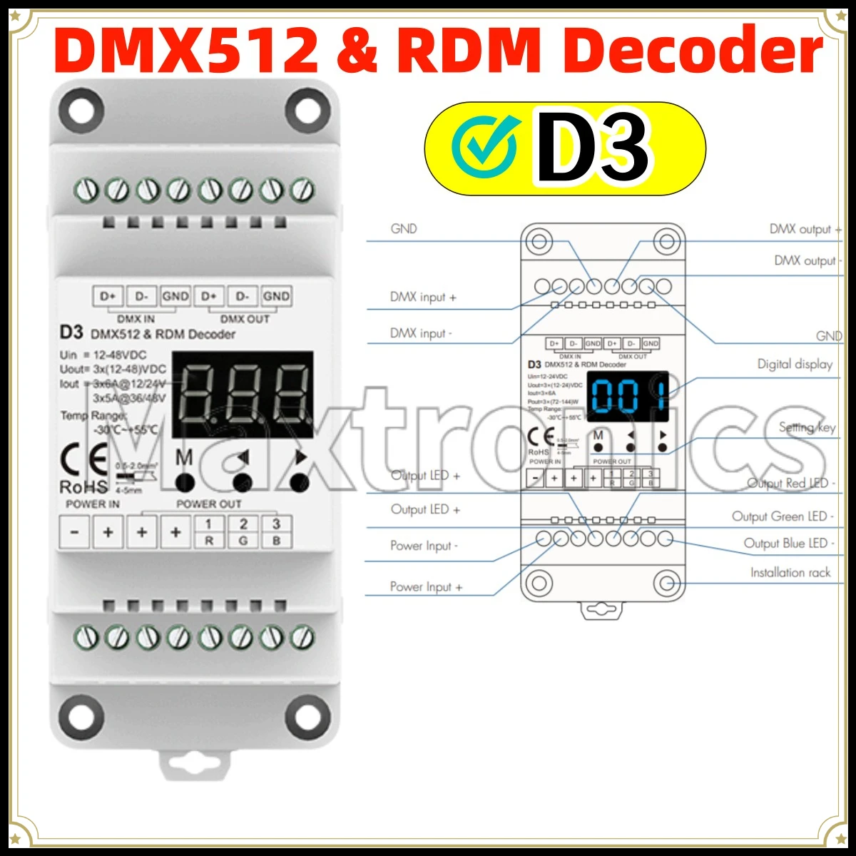 NEW D3 12-24VDC 3 Channel Constant Voltage DMX512 & RDM Decoder PWM 3CH*6A Skydance for Single Color RGB LED Strip Light