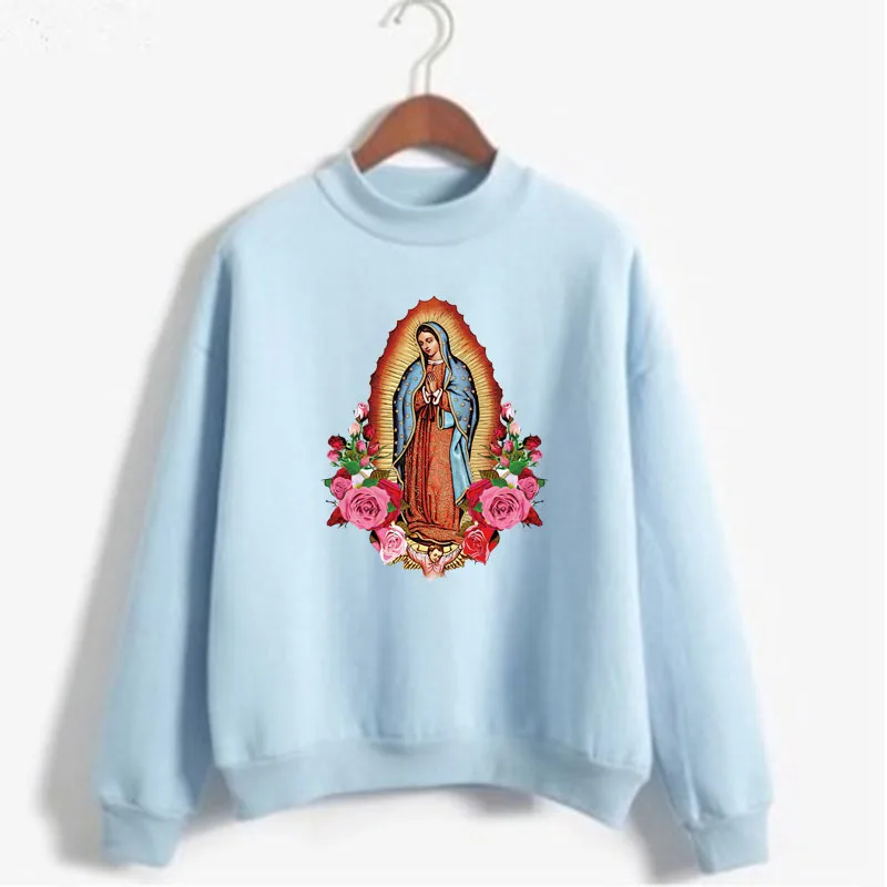 Sweter Wanita Gambar Cetak Virgin Mary Of Guadalupe Manis Korea Kerah O Rajutan Pullover Tebal Musim Gugur Warna Permen Pakaian Wanita