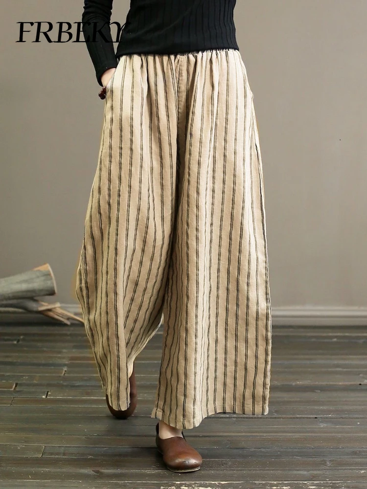 Damen hose Sommer Vintage Baumwolle und Leinen gestreifte Hose mit weitem Bein dünn drapiert lässig gerade neun Hosen Freizeit hose