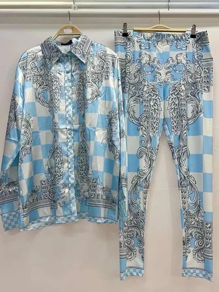Designer Retro Geometric Print Loose Shirt Two-piece Set Spring Women's Clothing + Knitted Stretch Small Leg Pants Fashion Set