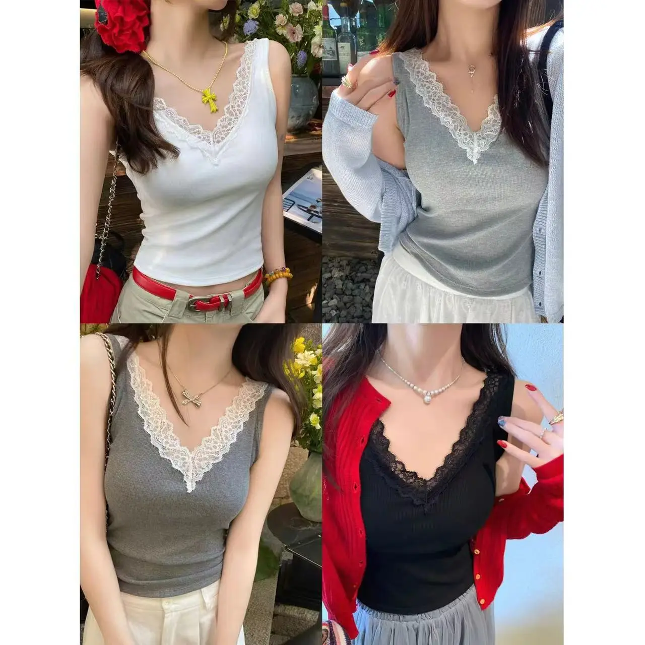 GAODINGLAN with Bra Pad Integrated Women Tank Tops Summer Sleeveless Solid Color Bottom Camis Versatile Female Lace V Neck Vest