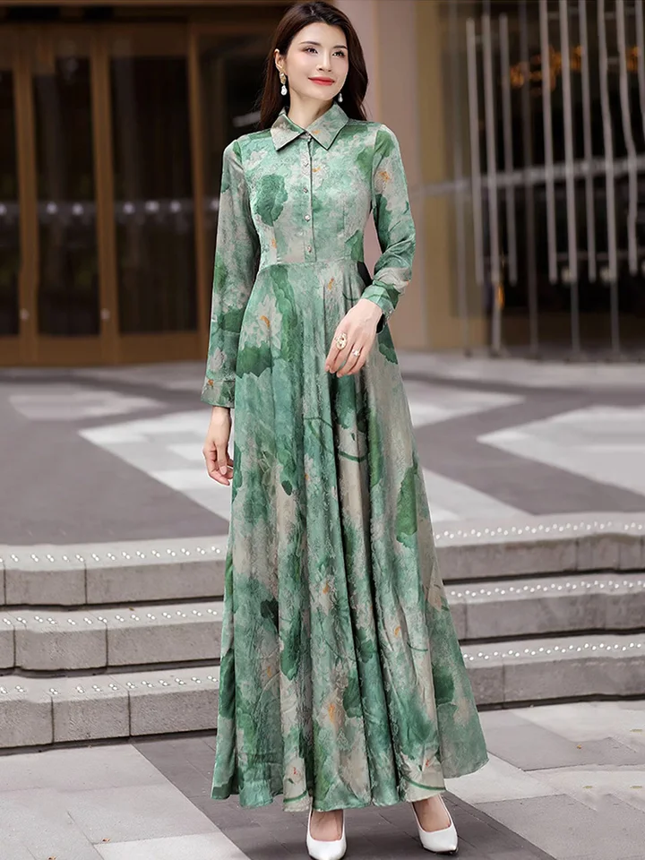 New Women Spring Summer Light Green Print Dress Fashion Turn-down Collar  Long Sleeve Slim Shirt Dress Elegant Flowing Long Dress - AliExpress  200000345