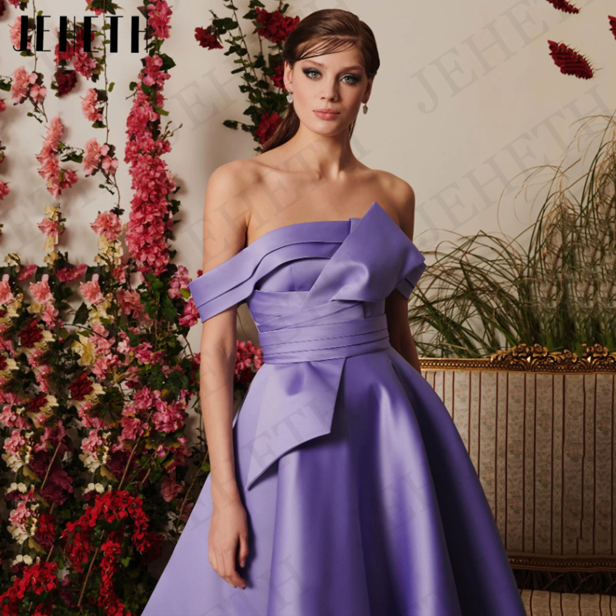 JEHETH Simple Satin Prom Dress Off Shoulder A Line Graduation Dresses Backless Ankle Length Lavender Boat Neck платье вечернее