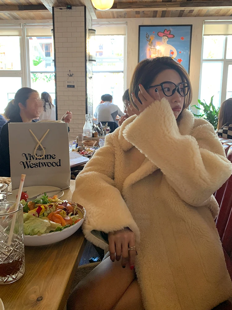 

Beige Women's Fur Coat New Winter Lamb Fur Inteated Leather Jaet Commute Sle Long Sve Thiened Polyester Blend