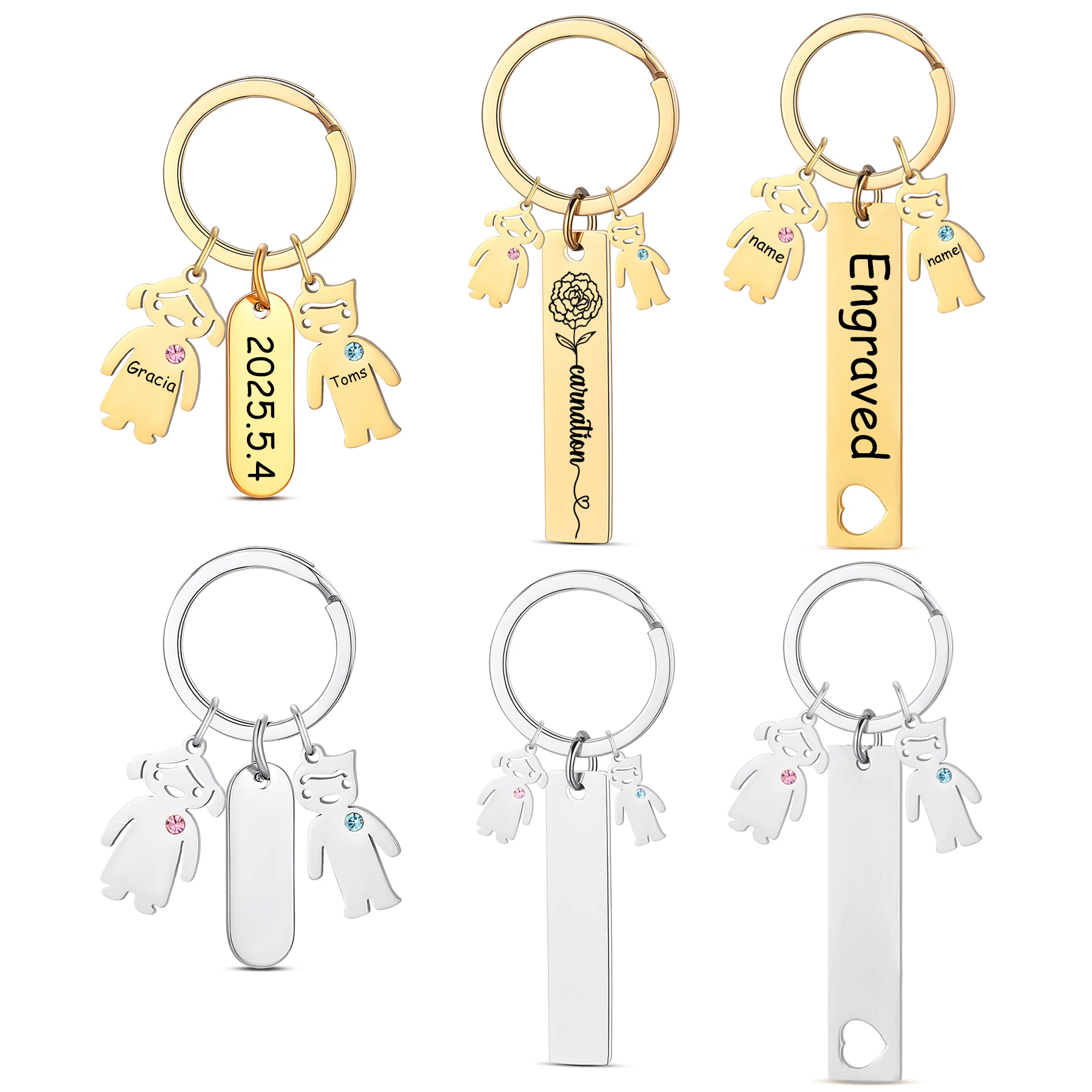 

Personalized Stainless Steel Girl Boy Charm Keyring Engraved Names Date Text Keychain Personalized Jewelry Gift for Women Men