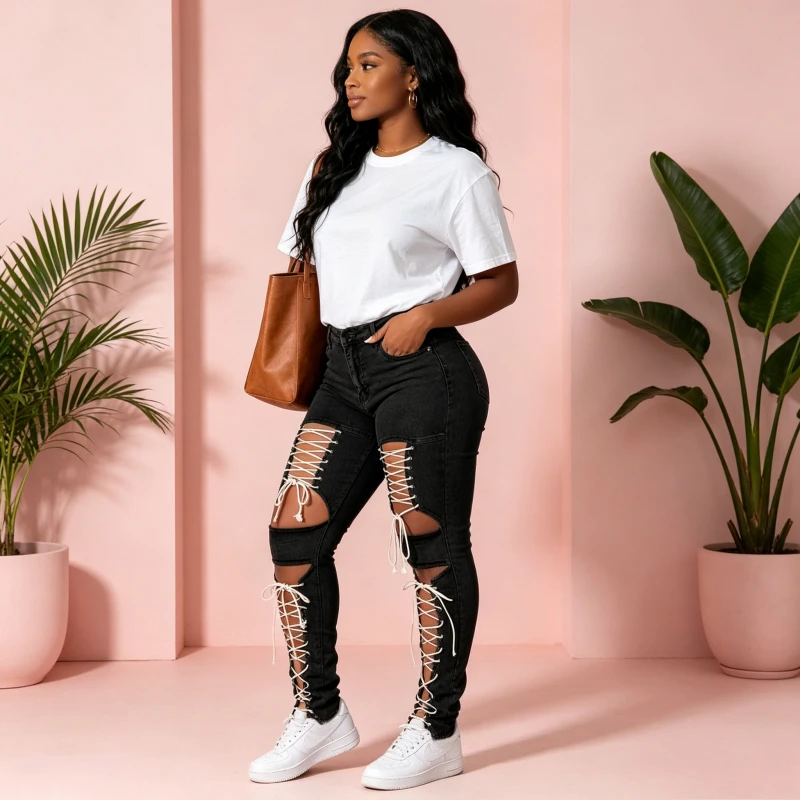 Pencil Pant Women Jeans Vintagx.e Slim Fit Skinny Trousers Lace Up Hollow Out Y2k Streetwear Party Night Slim Fit Casual 2026