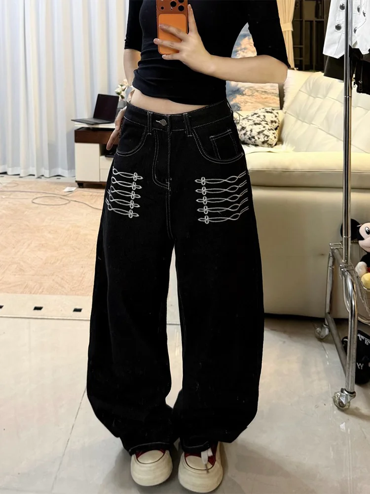 Large Size American Retro Cool Strap Decorative Black Denim Pants Women's Autumn New Design Slim Wide Leg Long Trousers