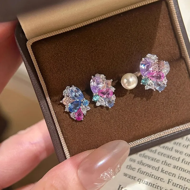 Amethyst Color Block Sparkling Diamond Open Pearl Ring Female Socialite's Thousand Gold Style Earrings