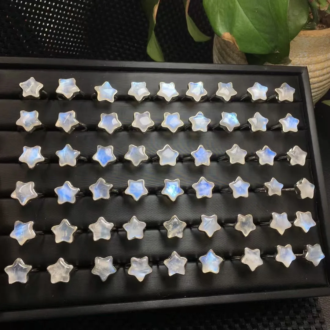 1 Pc Fengbaowu Natural Blue Moonstone Star Ring 925 Sterling Silver Resizable Fashion Jewelry Gift Women