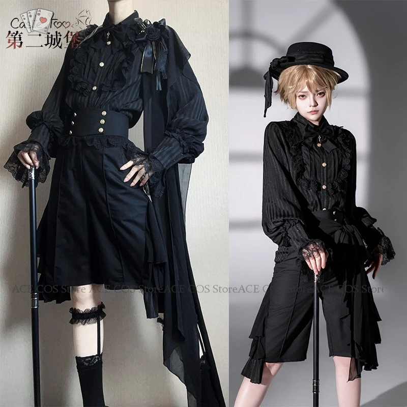 Disfraz هالوين المرأة جيراي كي Ouji نمط الزي لوليتا القرون الوسطى بلوزة يتوهم بدلة سوداء تأثيري القوطية السراويل للجنسين Prin