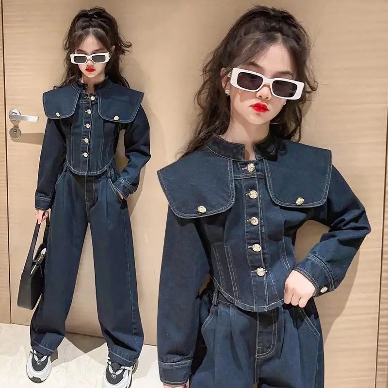 

6 10 12 16 teenage Girls clothes suit autumn childrens Denim jacket+wide leg pants 2pcs kids girls clothing set children outfit