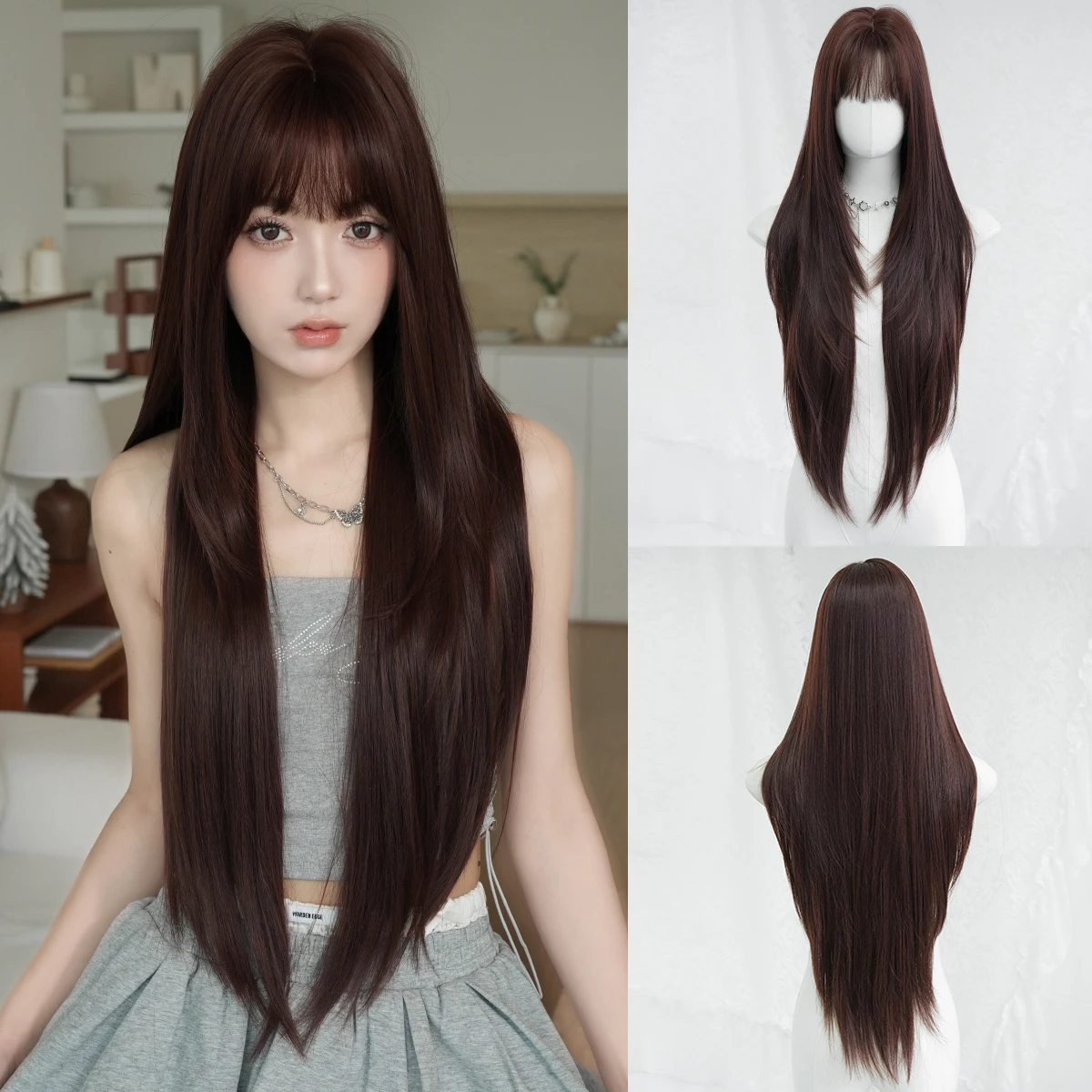 

NAMM Long Straight Wine Red Wig for Women Natural Synthetic Loose Layered Hair Wigs with Curtain Bangs Cosplay Wigs