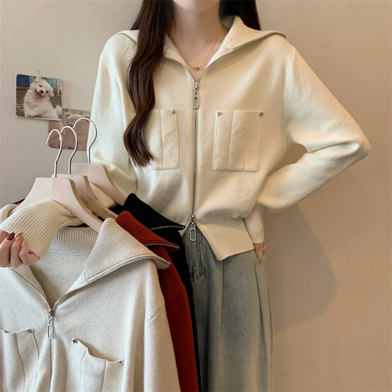 Maglione lavorato a maglia con doppia cerniera Autunno Inverno da donna Nuovo Sle plus Size Cappotto ort lusinghiero oulder Lunghezza Colletto rovesciato