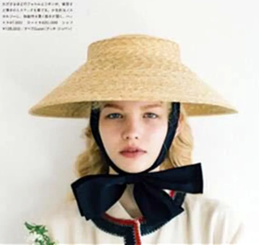 Ins Chic Summer Hand Natural Straw Fashion Beach Holiday Model Show Long Ribbon Sun Hat Women Leisure Cap