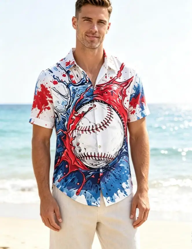 New Sporty Men's Shirt Baseball Splash Ink Print Lapel Short Sleeve Light Fabric Beach Casual Mens Apparel