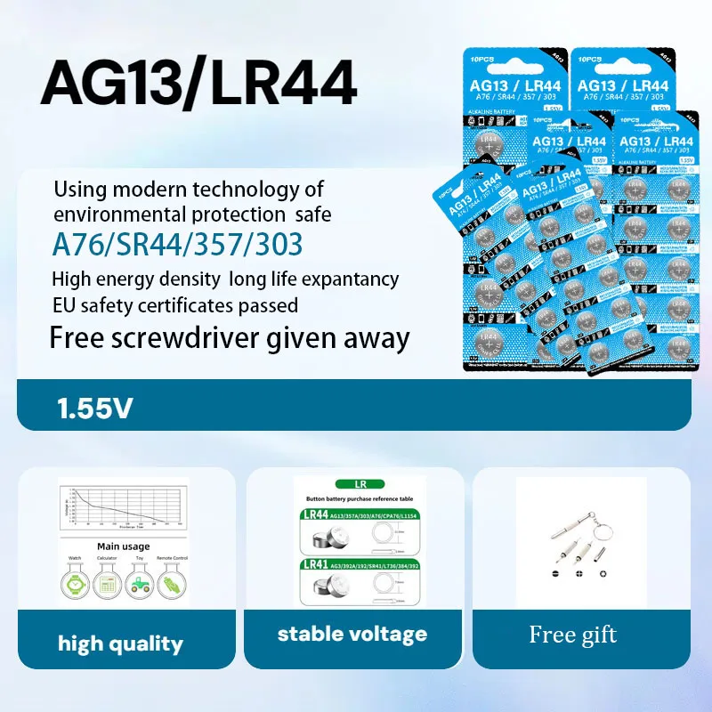 

LR44 Batteries AG13 Button Cell Battery 1.5V L1154 Battery for Watch Toys Remote357 SR44 LR1154 Button Coin Batteries