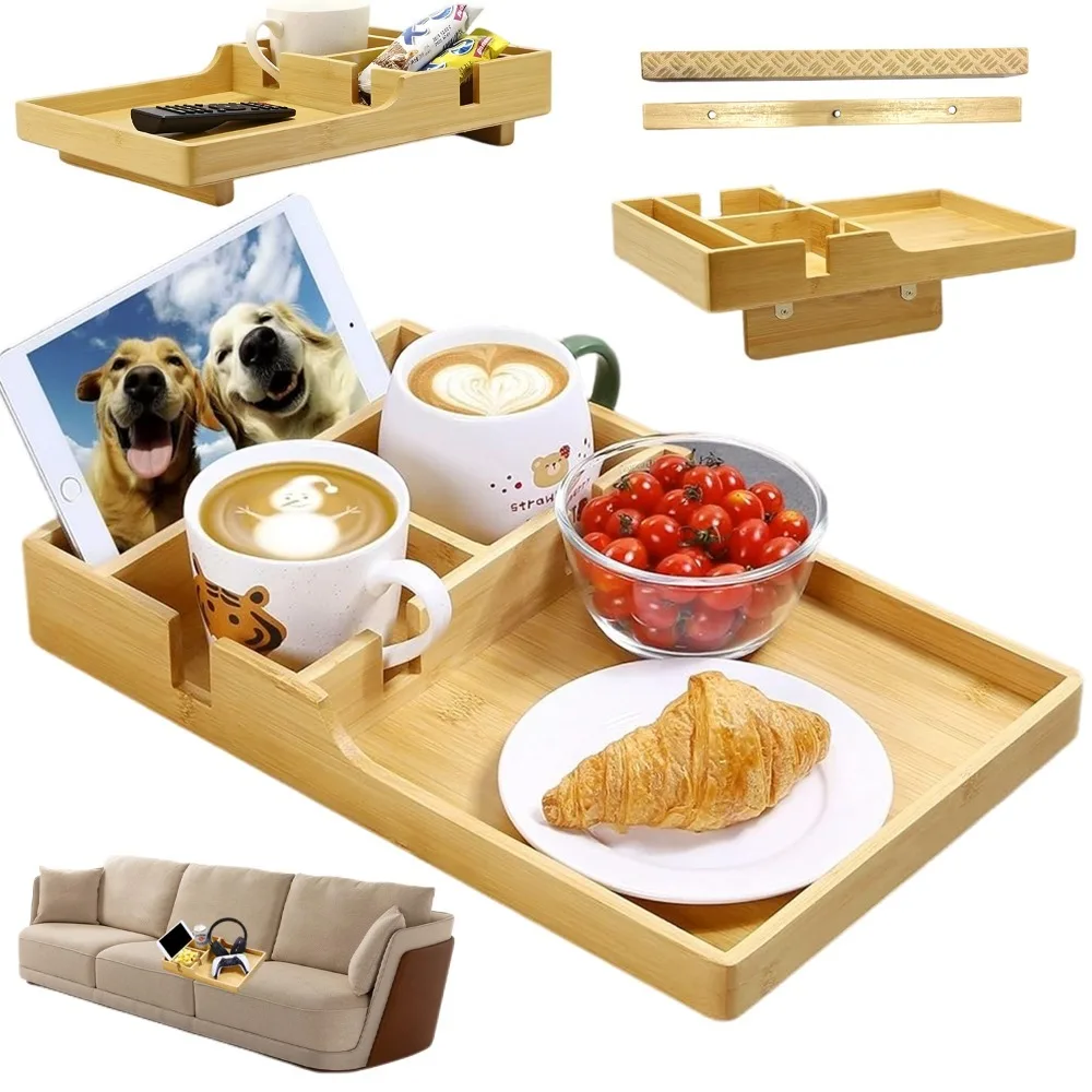 Plateau à accrocher aux accoudoirs de canapé en bambou, avec porte-gobelets et support pour téléphone, plateau pliable pour servir des collations et des boissons, idéal pour le canapé du salon ou comme organisateur pour le petit-déjeuner.