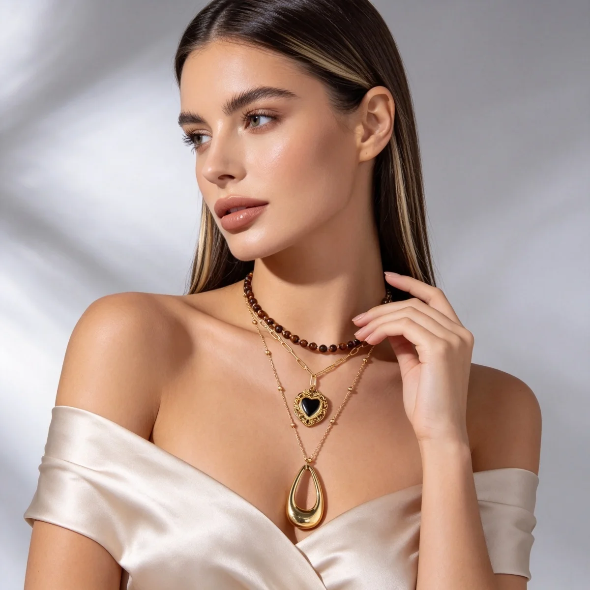 Retro Natürlicher Tigerauge-Stein Herz Hohler Wassertropfen Anhänger Halskette für Frauen Männer Mehrschichtige Tropfenform Stapelbare Choker-Schmuckstücke – Detail 16
