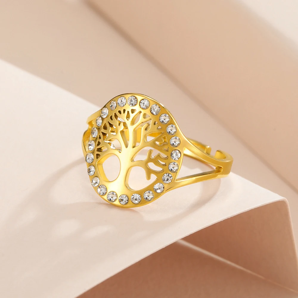 Dawapara Baum des Lebens Damen Ring Klarer Zirkon Verstellbarer Ring Yggdrasil Stammbaum Paar Schmuck Edelstahl Ehering – Detail 13