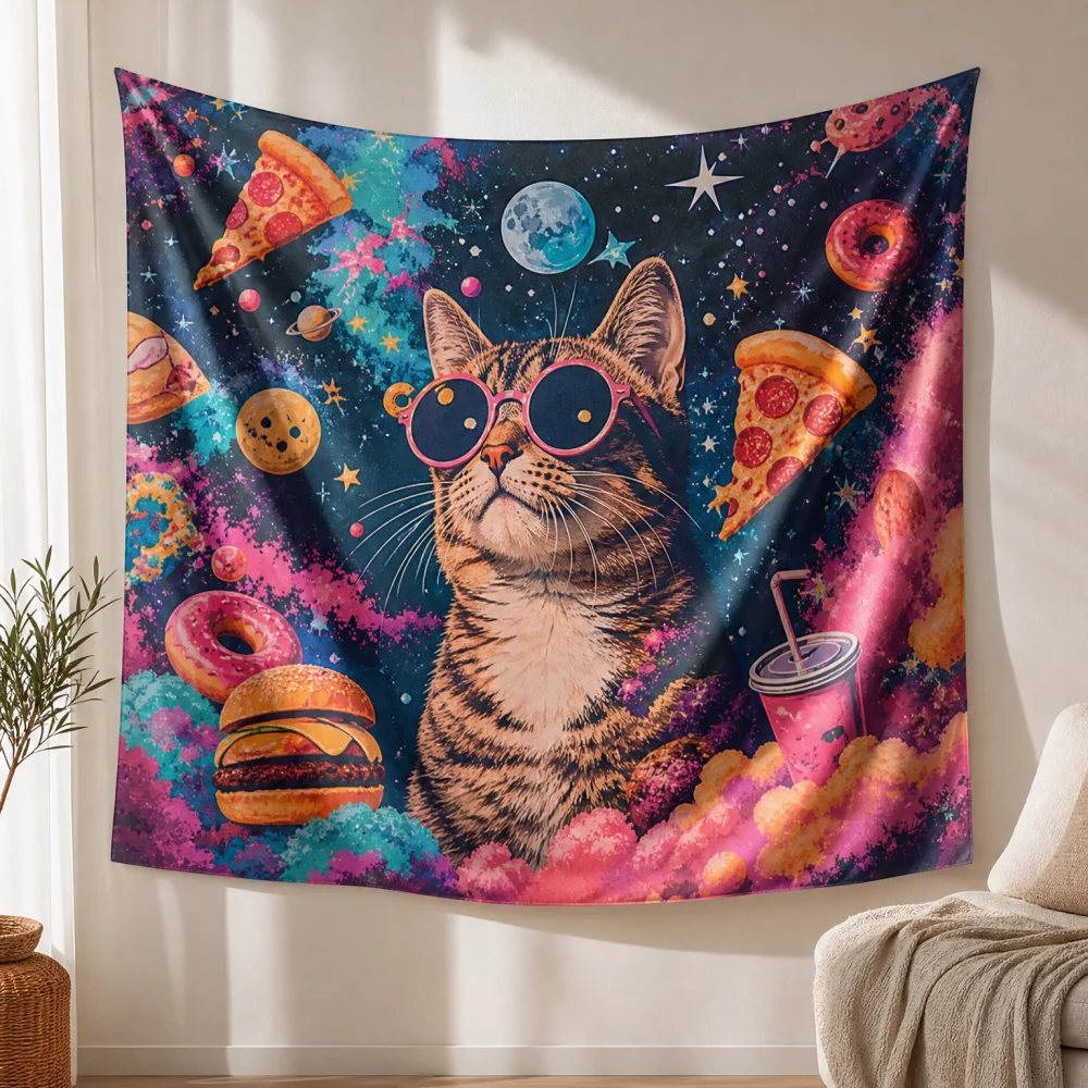 Dreamy Starry Sky Pink Frame Tiger Spotted Cat 150X100CM Customizable Tapestry Esports Room Personalized Wallpaper Background