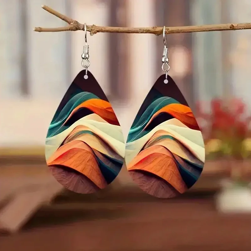 Boho Leather Water Drop Earrings Vintage Double Sided Colorful Oil Painting Earrings For Women