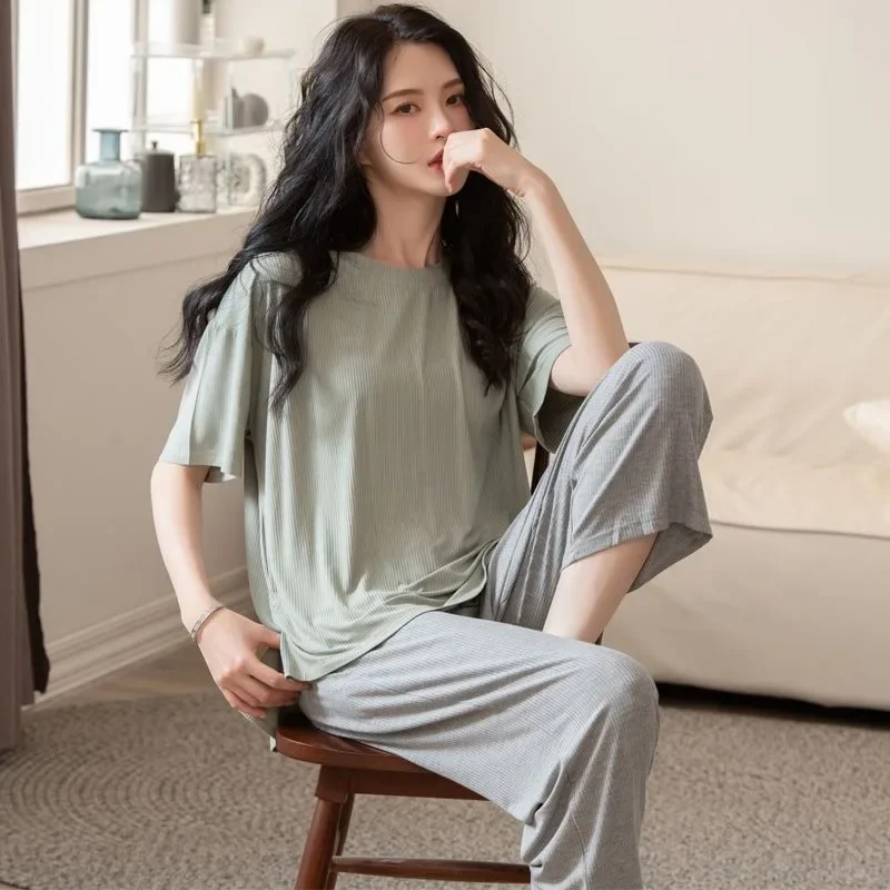 Ninth Pants Freshness Sweet Maiden Fallow Can Be Worn Outside A Loungewear Set Soft Modal Pajamas Female Summertime Short Sleeve