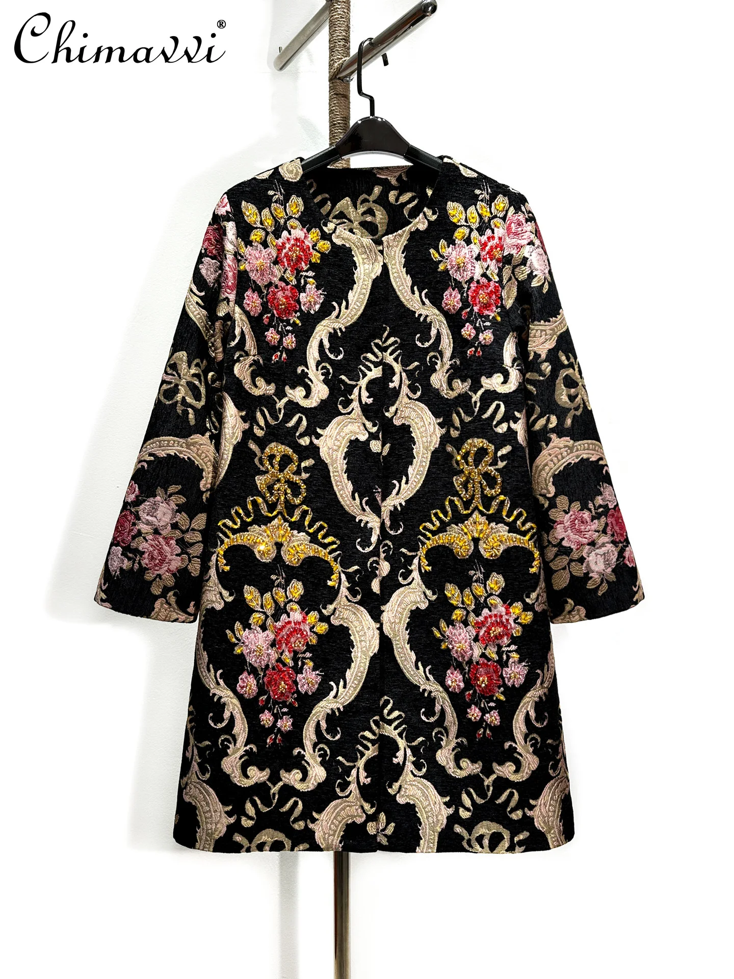 

Высококачественное жаккардовое элегантное ретро тяжелое утягивающее пальто средней длины с бисером, женское пальто 202, осень-зима, новое модное свободное женское пальто