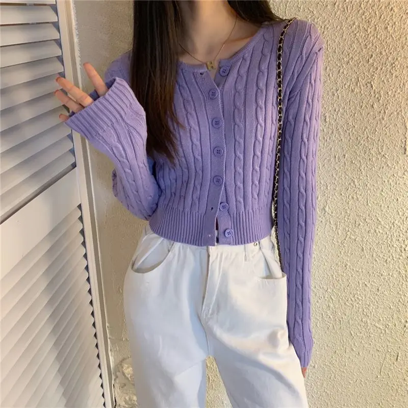 Retro Style Sweater Women Spring New Westernization Round Neck Solid Color Long Sleeved Round Neck Single-breasted Knitting Tops