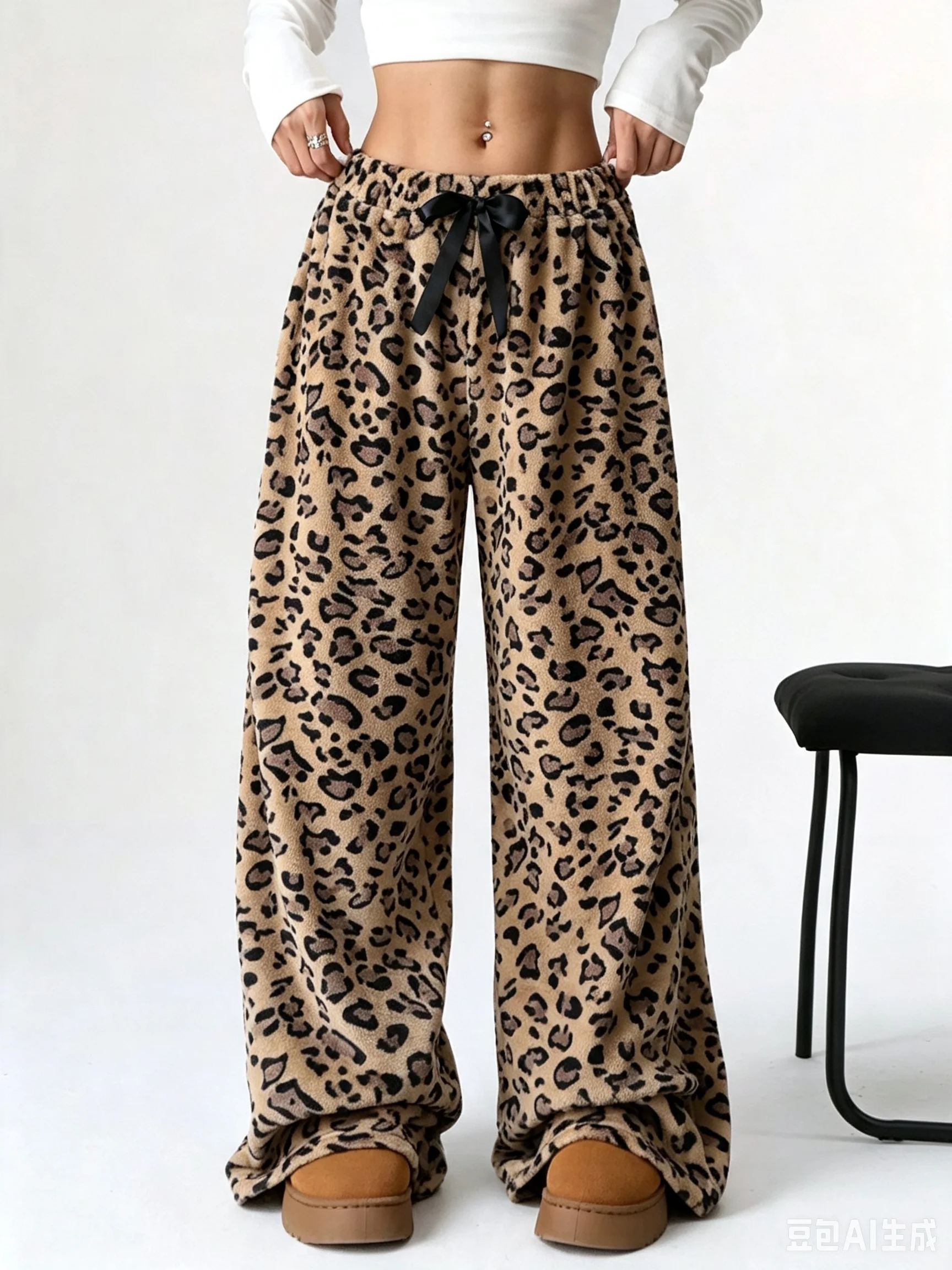 Leopard Print Wide Leg Pants Women Elastic Waist Black Bow Decor Casual Loose Flared Trousers Y2K Streetwear Warm Plush Pants