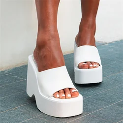 White Concise Soft Leather Square Toe Sandals Summer Platform Thick Heel Women's Wedges Beach Slippers Ladies Shoes Slides Mujer