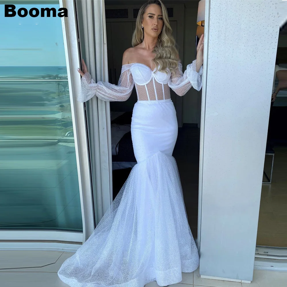 

Booma Sexy Puff Long Sleeves Mermaid Wedding Dresses Off Shoulder Dotted Tulle Glitter Bridal Gowns Country Robe de mariage