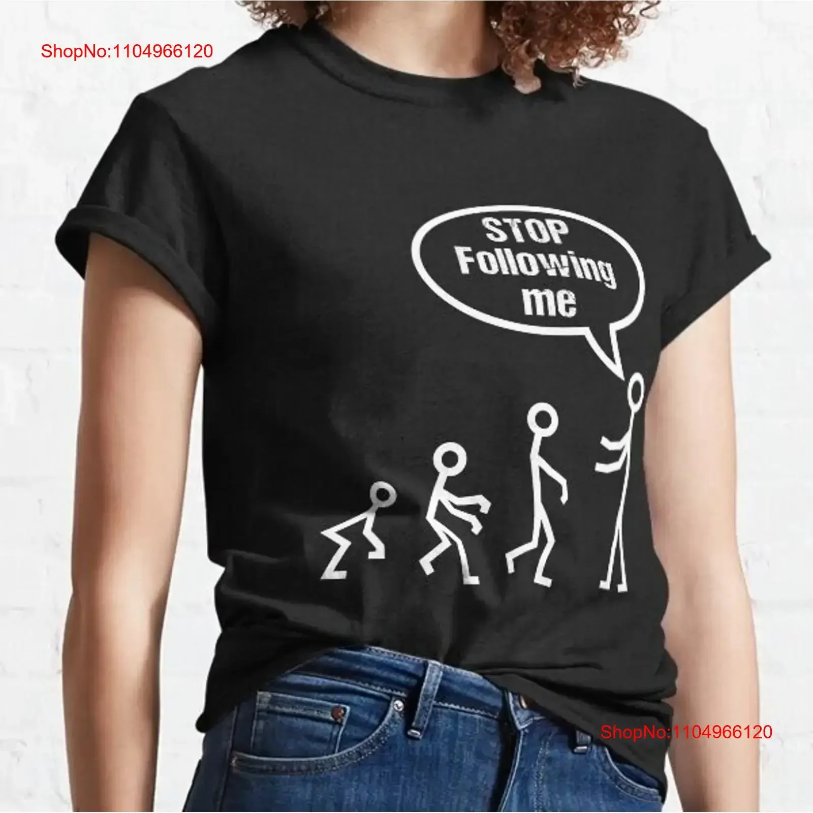 T-shirt classique « Stop Follow Me Funny Stick Figures Evolution » à manches longues ou courtes, vintage, délavé, extensible, unisexe, doux