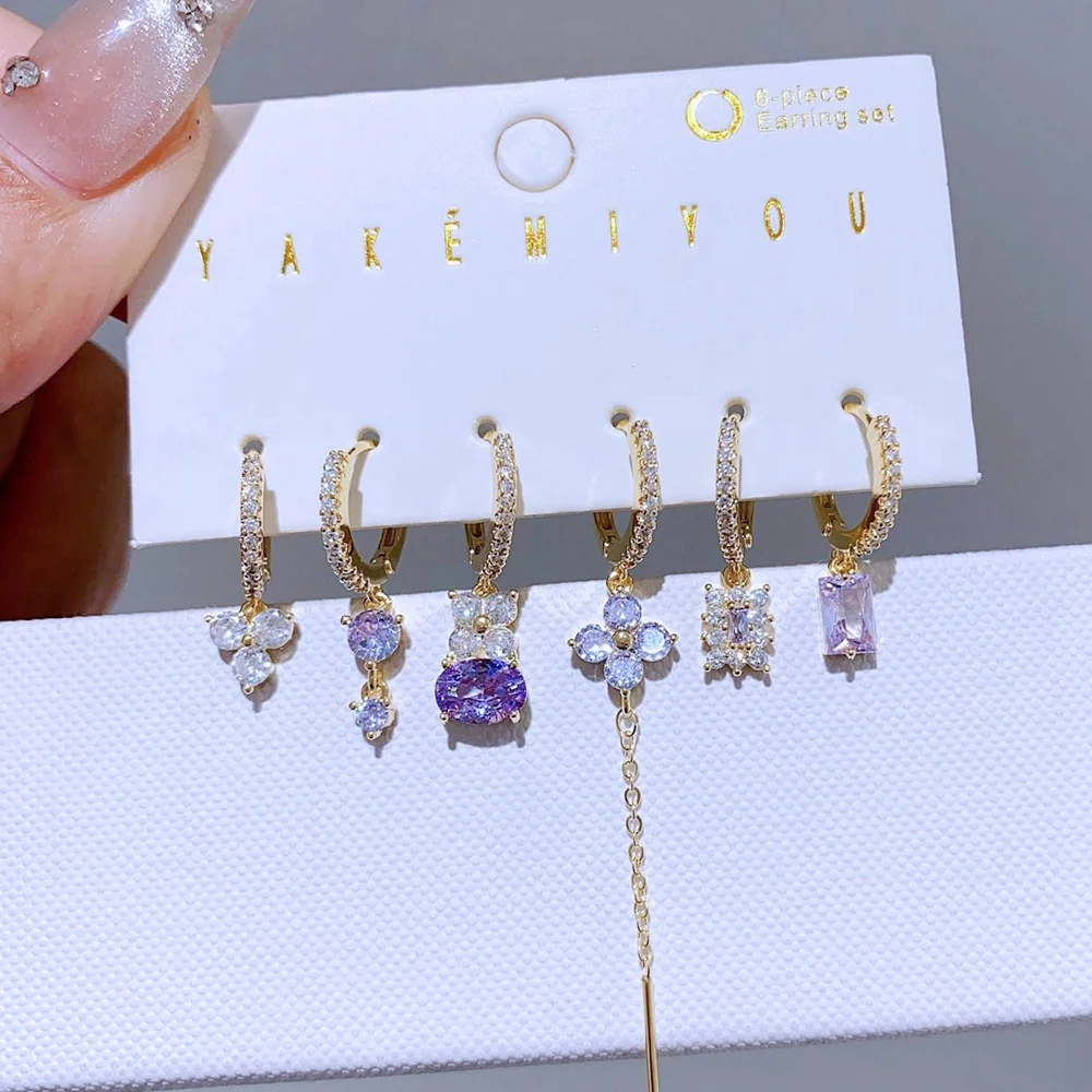 6pcs/Set Luxury Purple Cubic Zirconia Flower Huggie Hoop Earrings Gold Color Plated Women Party Jewelry