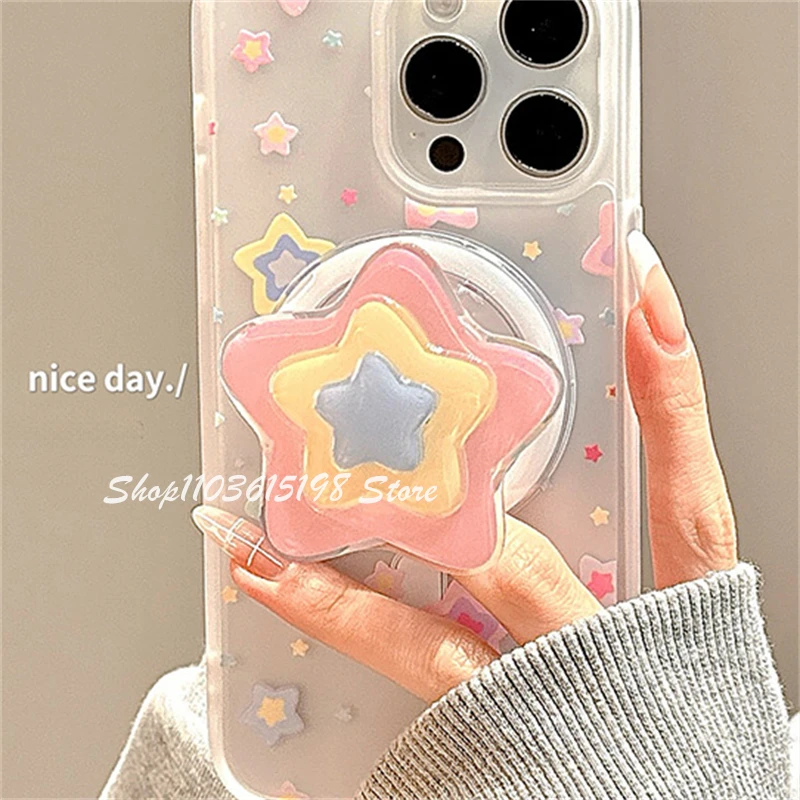 귀여운 한국 만화 3D 별 자석 홀더 폰 그립톡 그립톡 스탠드 아이폰 16용 맥세이프 액세서리 스마트톡