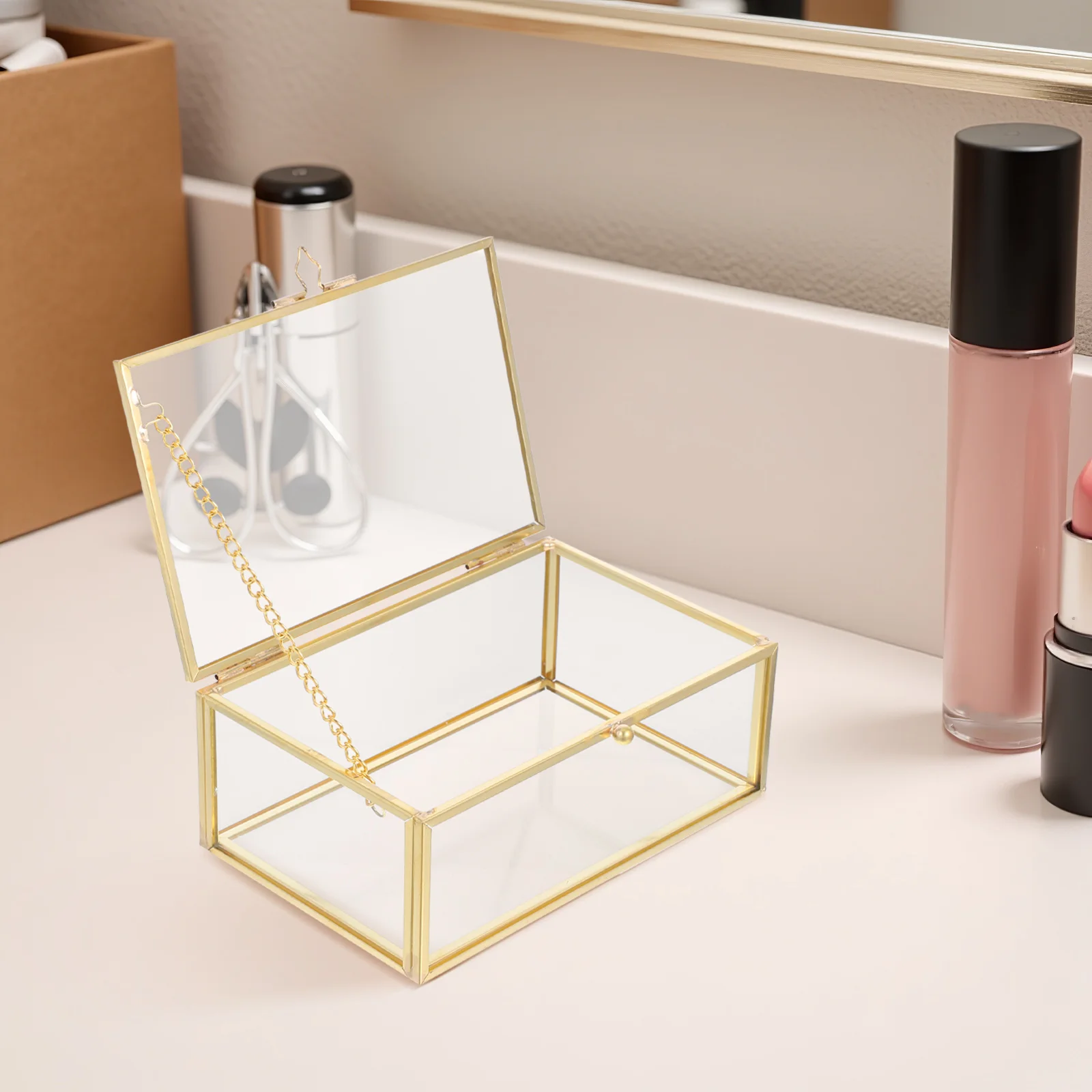 

Stylish Golden Frame Glass Jewelry Organizer Transparent Keepsake Box Dustproof Storage Vanity Decorative Trinket Holder