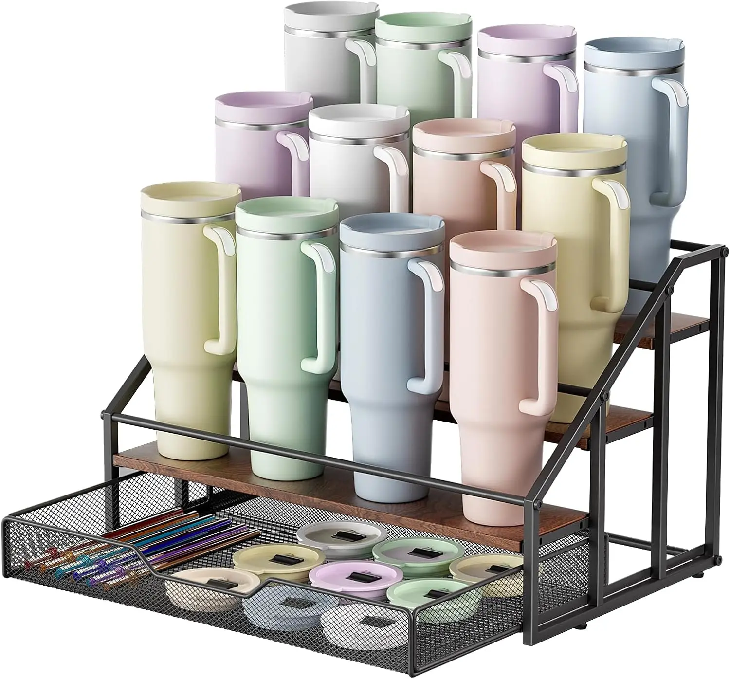 

4-Tier 12-Bottle Organizer with Storage Basket, Durable Wood and Iron Rack for Tumbler and Wine Bottles