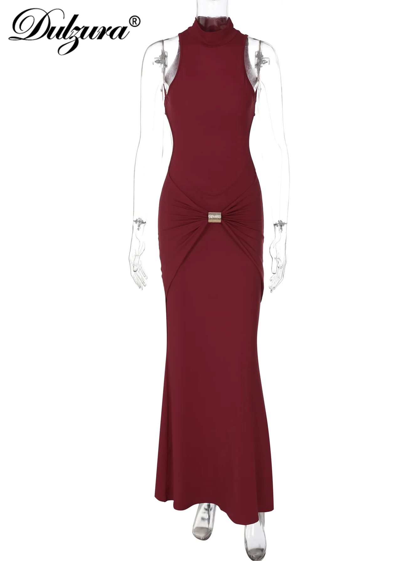 Dulzura O-hals Mouwloos Backless Bodycon Ruches Metalen Maxi Jurk Sexy Elegante Casual Lange Jurk Party Clubwear Zomerkleding