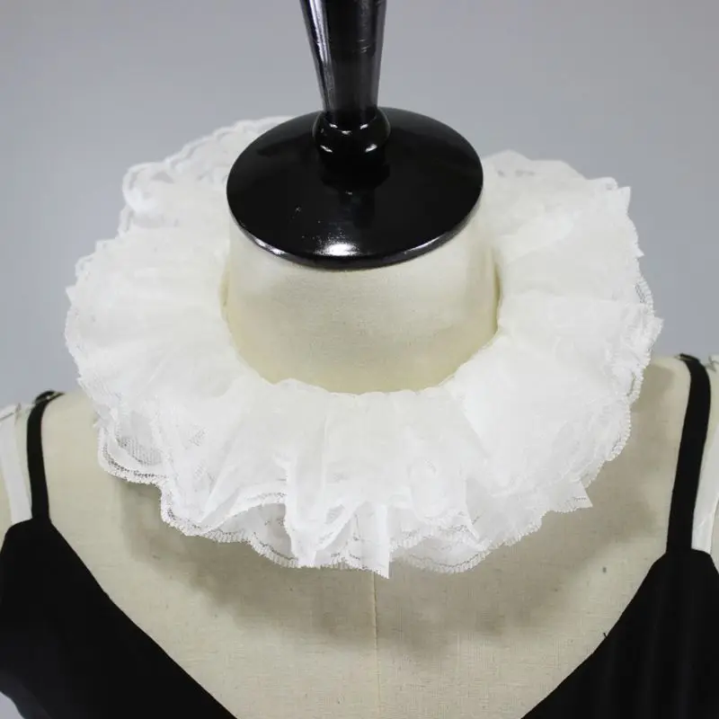 

Womens Elizabethan Neck Ruff Tulle Scarf Fancy Dress Layered White Floral Lace Detachable Fake Collar Victorian Costume