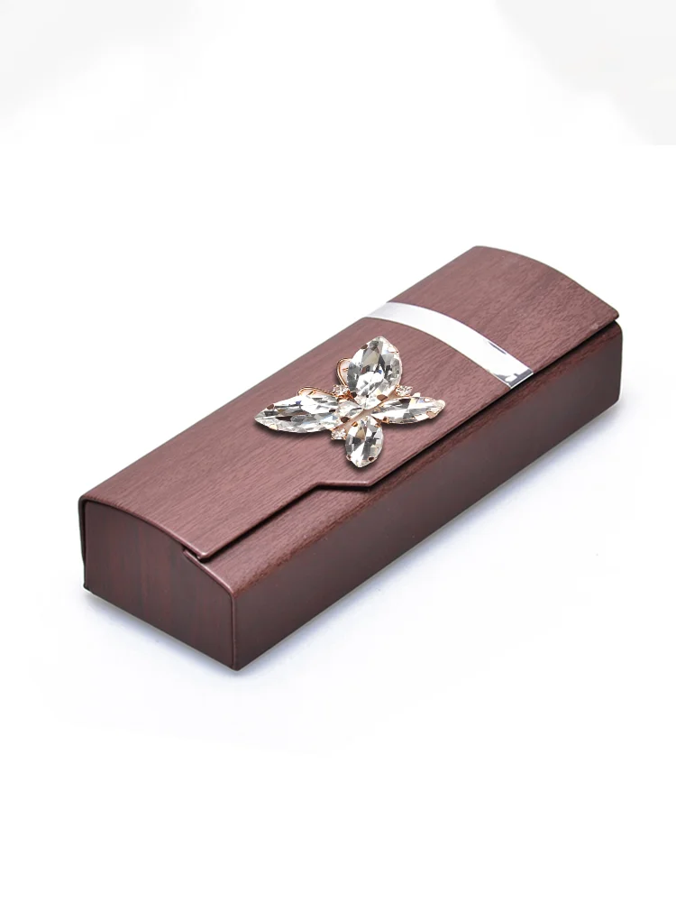 Wood Grain PU Eyewear Cases Symbolic Pearl & Diamond Decor, Imitation.