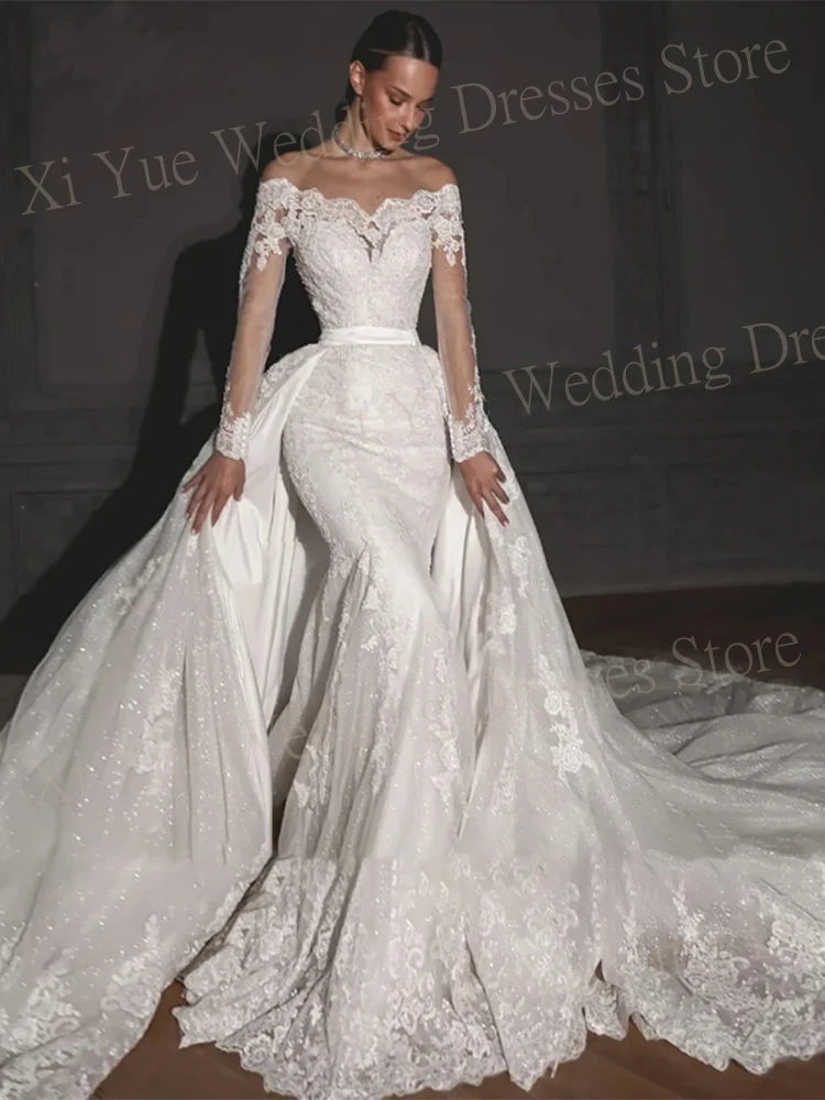 Sexy elegante scollo a barca abiti da sposa a sirena maniche lunghe Appliques di pizzo abiti da sposa con treno staccabile Vestido De Novia