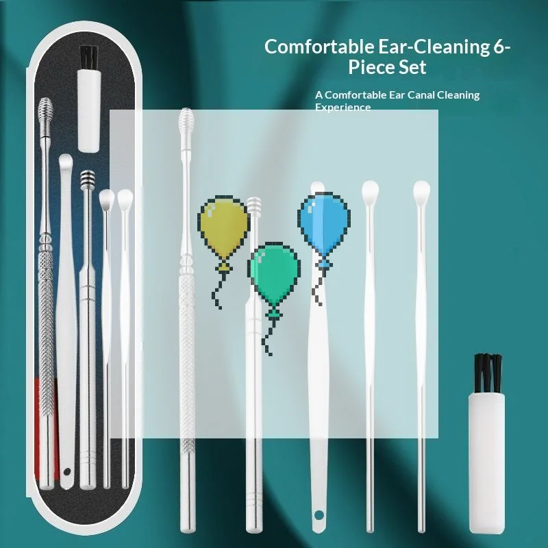 6 Pcs Stainless Steel Ear Wax Removal Tool Ergonomic Tips Storage Case For Daily Home Travel Personal Ear Care