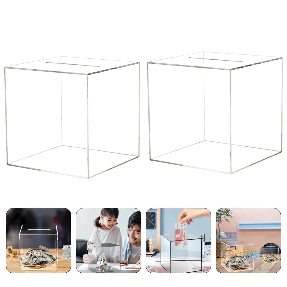 

2Pcs Transparent Acrylic Cube Piggy Bank Money Storage Pot for Kids Adults Desktop Home Decoration Savings Jar Clear Coin