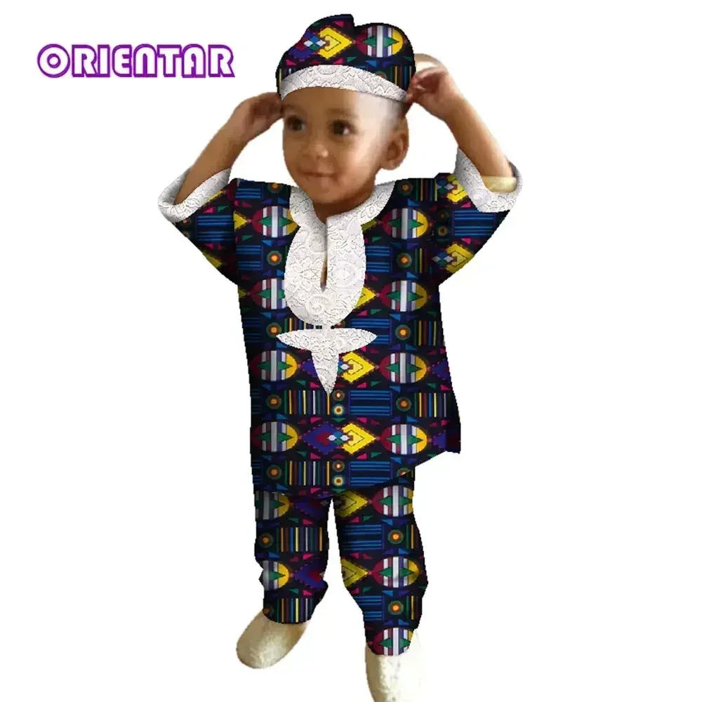 African Clothes for Boy Short Sleeve Shirt Tops and Pants and Hats African Wax Print Children Boy Pants Set Bazin Riche WYT253