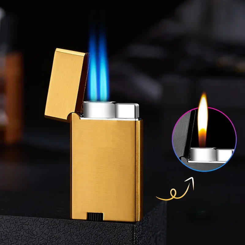 Hot Metal Windproof Double Flame Butane Gas Lighter Crisp Refillable Inflation Lighter Outdoor Kitchen Barbecue Cigar Men\'s Gift